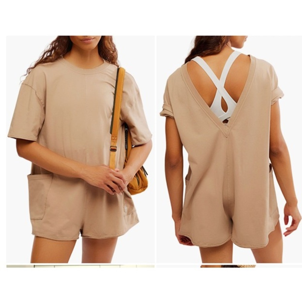 Free People FP Movement Hot Shot Romper Tan‎ Short Sleeve V-Neck One Piece NEW